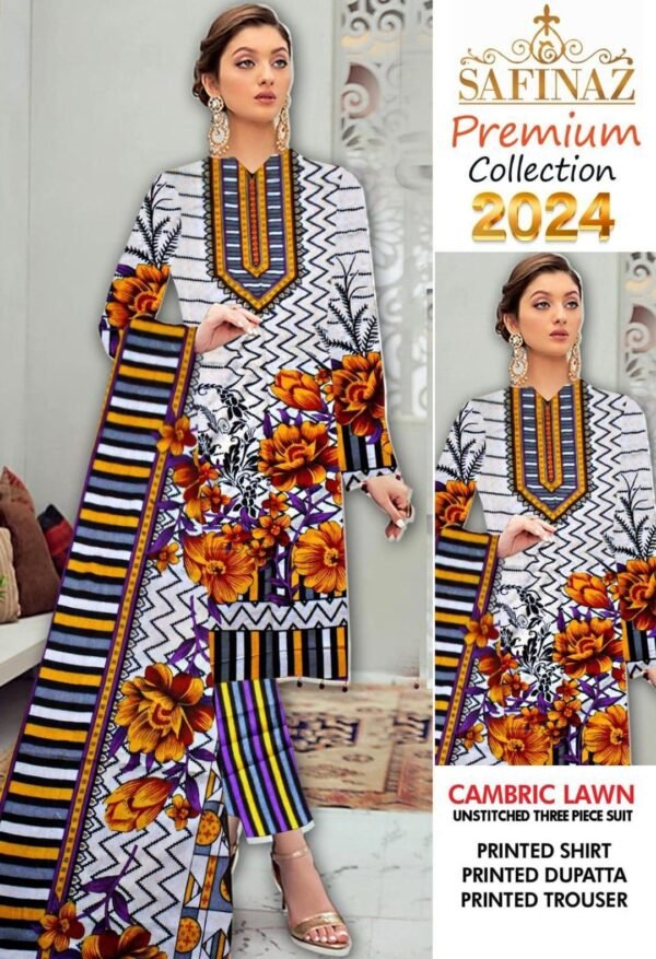 3 Pcs Women's Unstitched Lawn Printed Suit