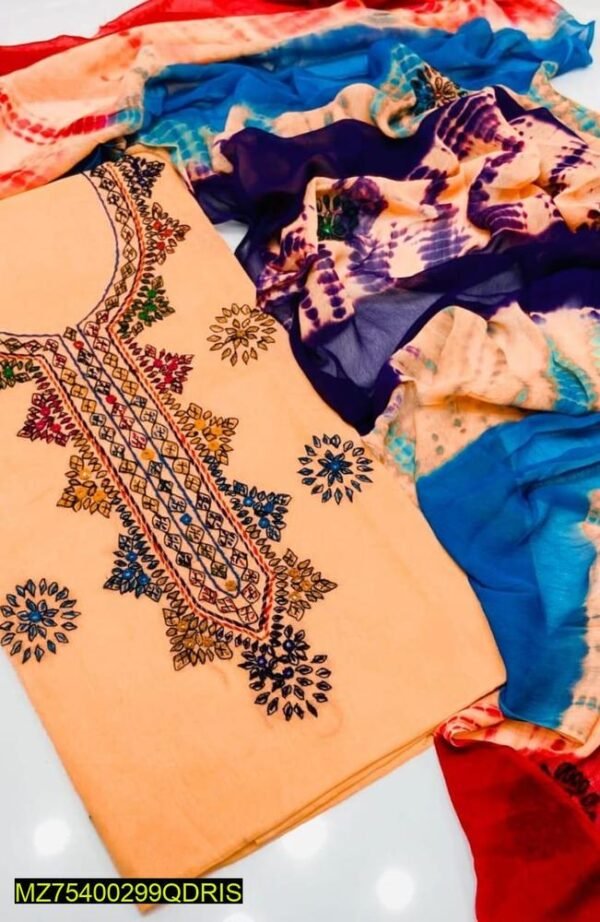 3 Pcs Women's Unstitched Lawn Hand Embroidered Tie And Dye Suit
