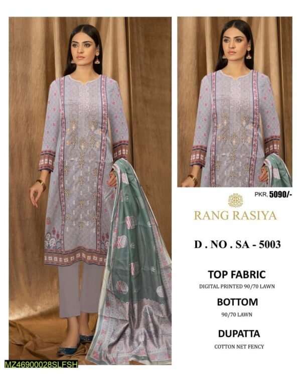 3 Pcs Women's Unstitched Lawn Embroidered Suit