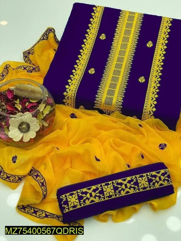 3 Pcs Women's Unstitched Lawn Embroidered Suit